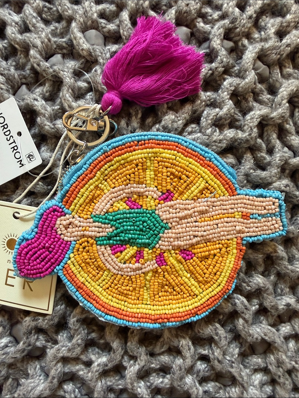 Sol and Met Multicolor Beaded Lemon Coin and Card Holder with Pink Tassel